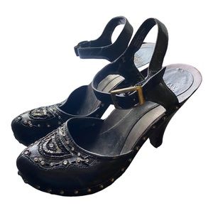 Women’s Hilary Radley sz.8M Black Leather/Wood Ankle Strap Heels Embellish/Rivet
